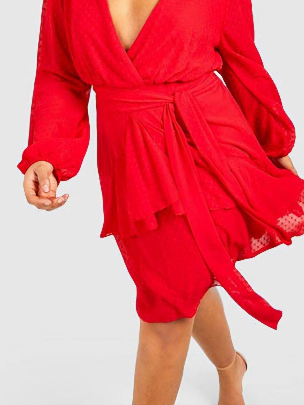 Boohoo Red Wrap Ruffle Hem Skater Dress. Fake Wrap. V Neck With Tie Side Or Back